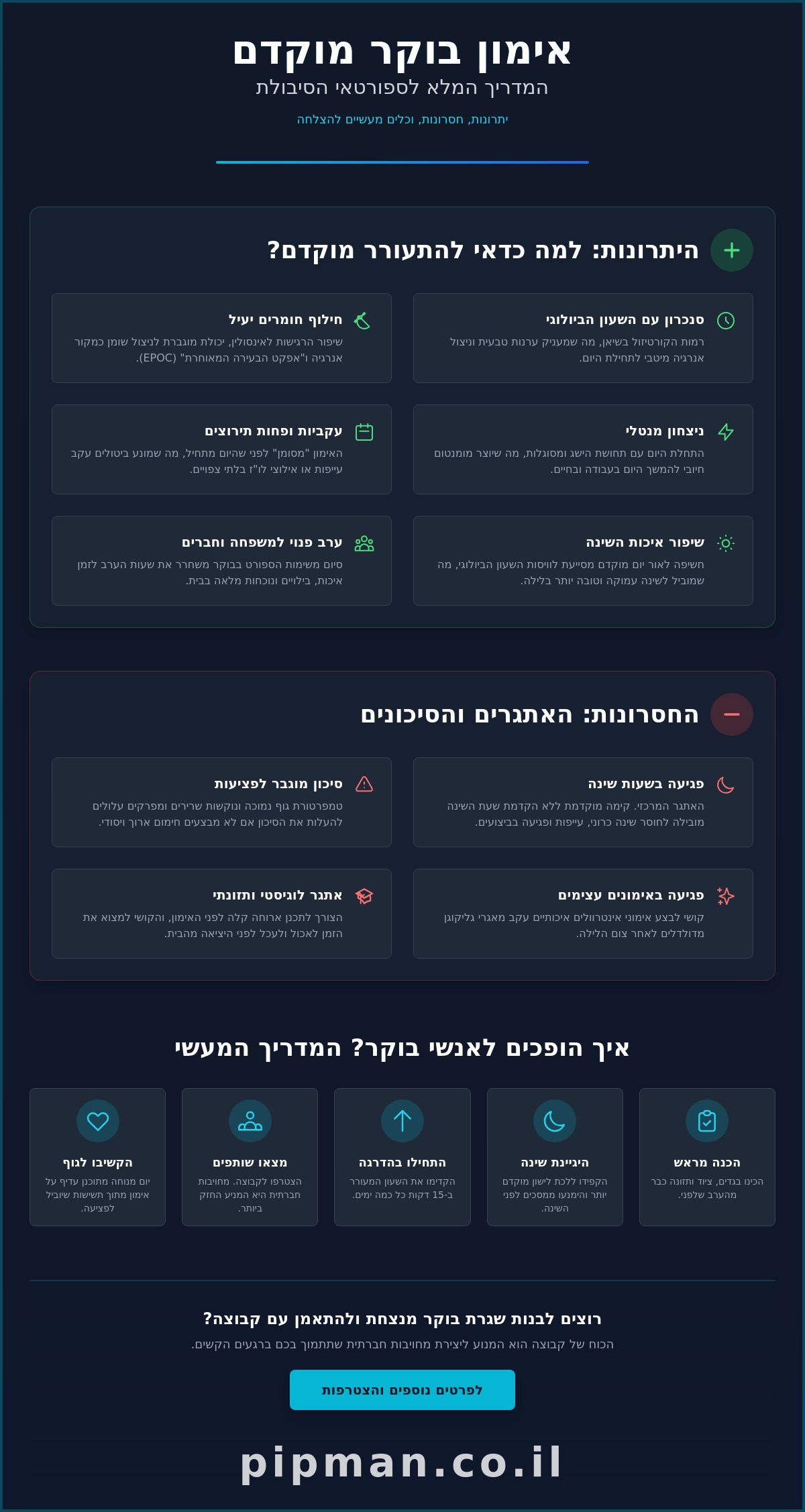 אימון בוקר מוקדם: יתרונות, חסרונות והמדריך המלא לשגרת בוקר מנצחת ב-2026